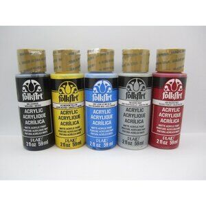 Lot of 5 New Sealed Folkart Acrylic Yellow/Black/Gray/Red/Blue Paint